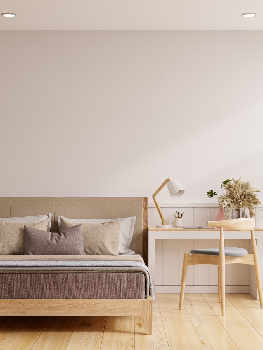 White bedroom interior,work in bedroom.3d rendering